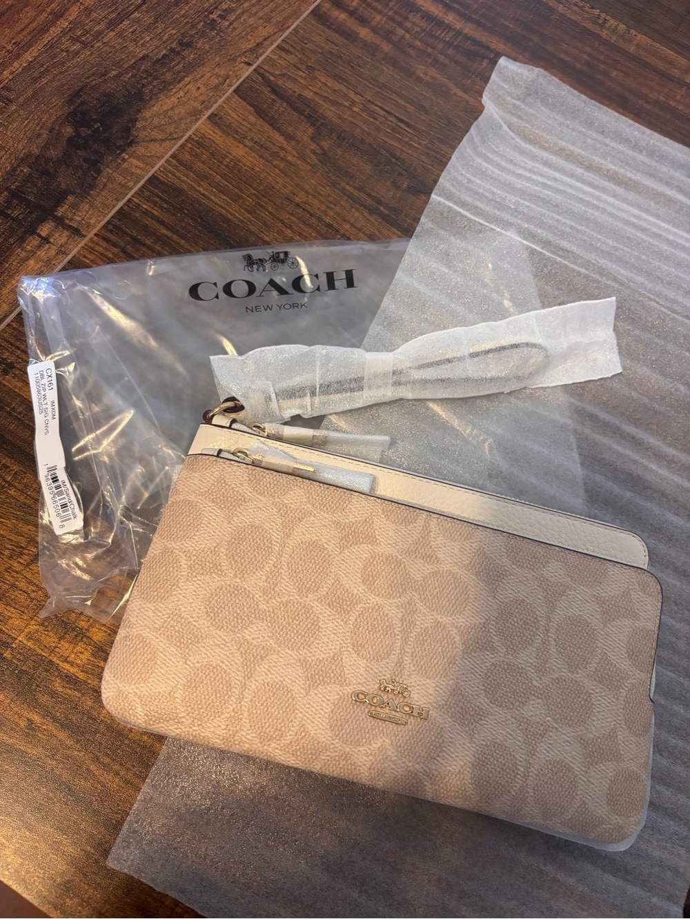 Coach Double Zip Wristlet in Light Beige Signature Canvas